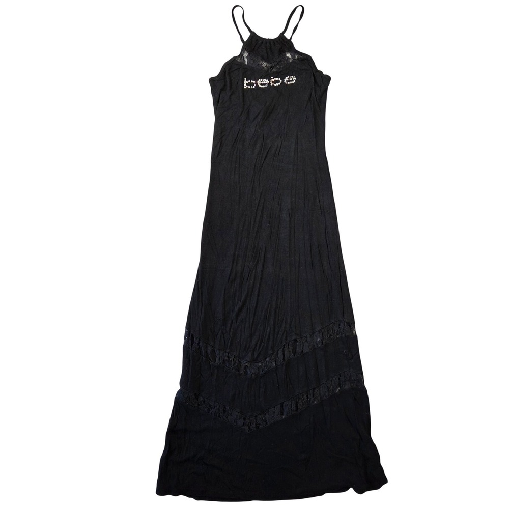 Bebe Womens Black Ribbed Maxi Dress Rhinestone Logo Lace Halter S Y2k 2000s